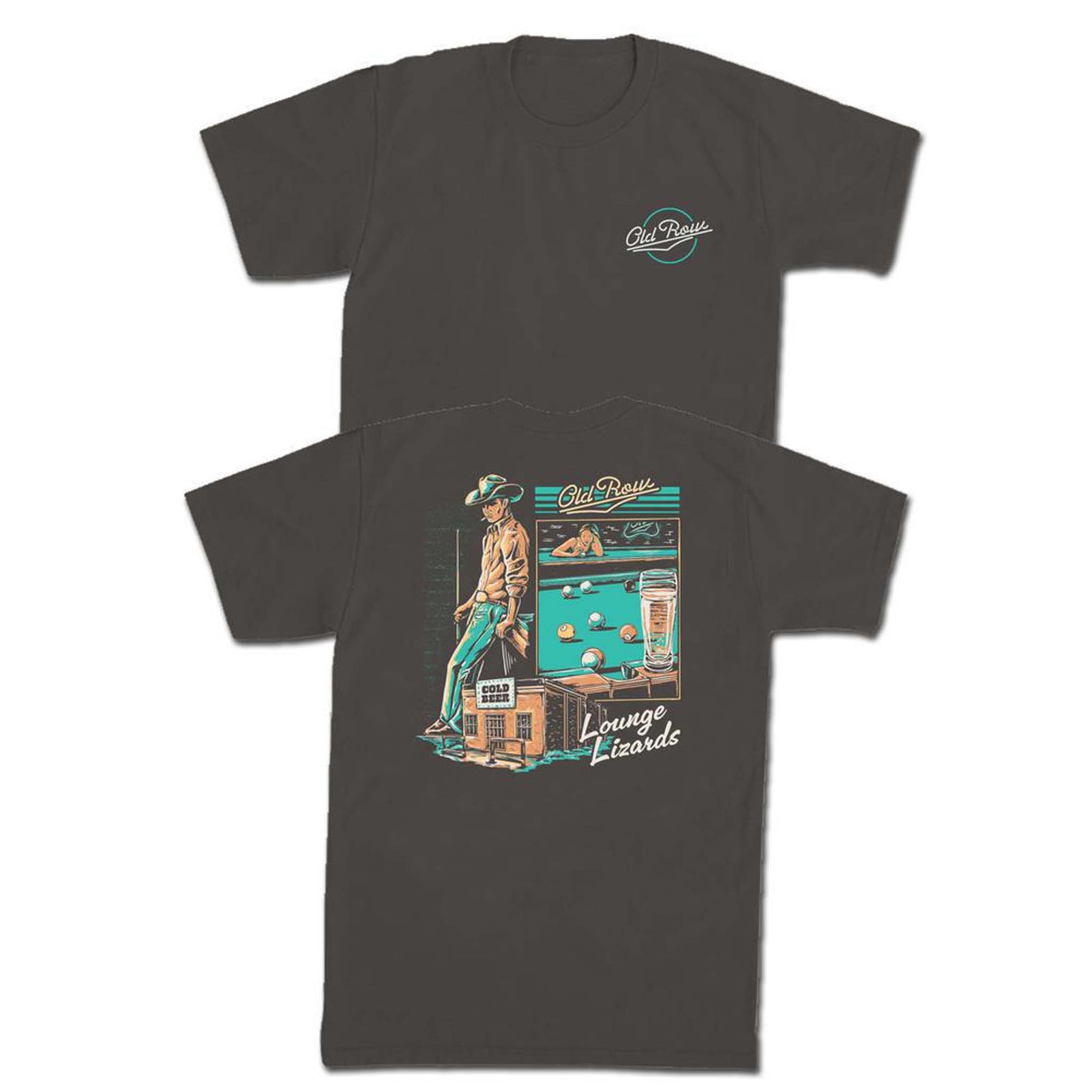 Old Row Lounge Lizards Short Sleeve T-Shirt, color pepper gray, sizes S-XXL, 100% cotton, unisex sizing.
Front of charcoal short sleeve t-shirt with small Old Row logo on the left chest. Back features a graphic of a cowboy leaning against a jukebox, a pool table scene, a beer glass, and the text “Old Row Lounge Lizards.”