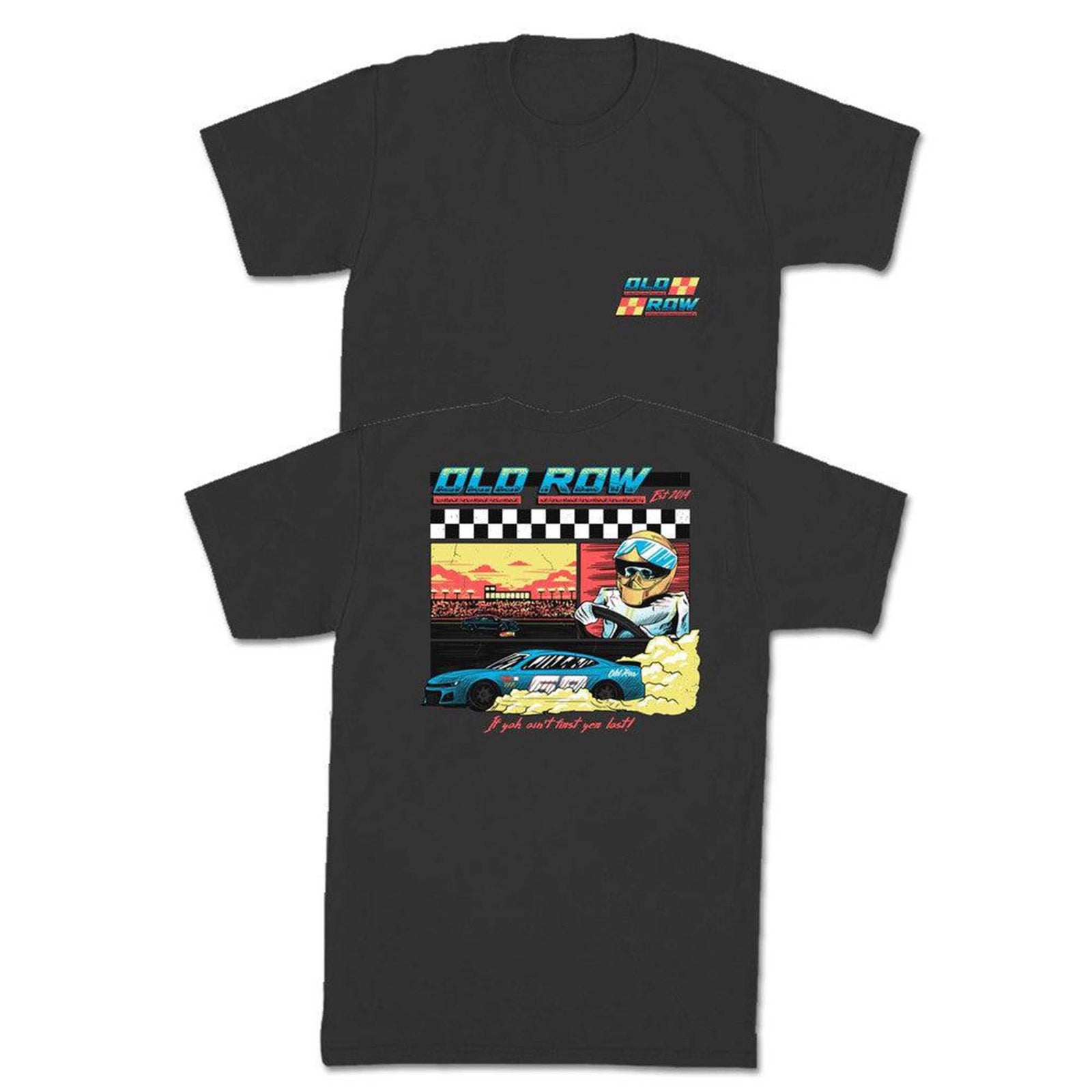 Old Row OR Race Car Short Sleeve T-shirt, color pepper black, sizes S-XXL, 100% cotton, unisex sizing.
Black short-sleeve t-shirt featuring a small colorful "Old Row" logo with racing flag design on the front left chest. The back showcases a bold, retro-style racing scene with a racecar driver in a helmet, a blue racecar, a sunset racetrack background, and checkered flag pattern. The top reads “Old Row” and the bottom includes the phrase “If you ain’t first you last!” in red.