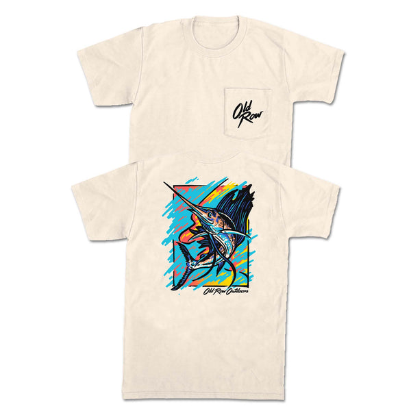 Beige t-shirt with a colorful marlin graphic and 'Old Row Outfitters' logo on a white background