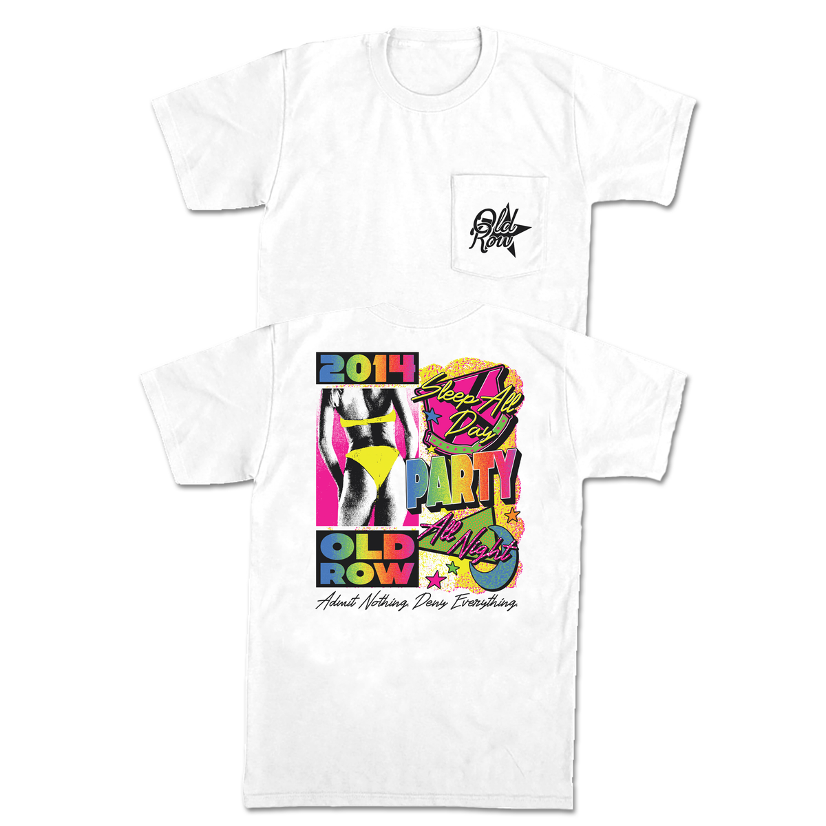 White Old Row t-shirt with colorful retro beach party graphic design on a white background