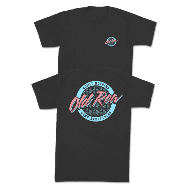 Old Row Admit Nothing Deny Everything short sleeve t-shirt in pepper grey. Features small front chest logo and large back graphic with retro blue and pink fingerprint design.