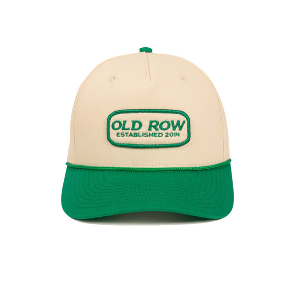 Old Row rope hat with cream crown, green brim, and embroidered “Old Row Established 2014” patch on the front.
