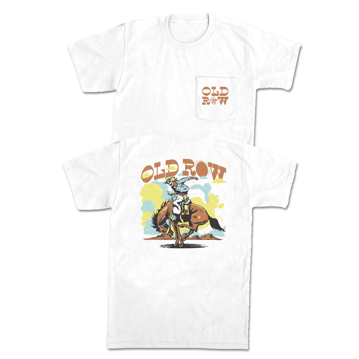 White t-shirt with a graphic of a cowboy on a horse and 'Old Row' text on a white background