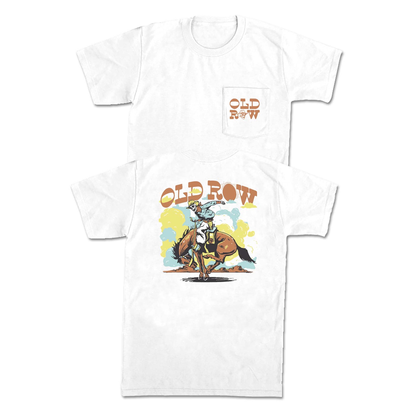 White t-shirt with a graphic of a cowboy on a horse and 'Old Row' text on a white background