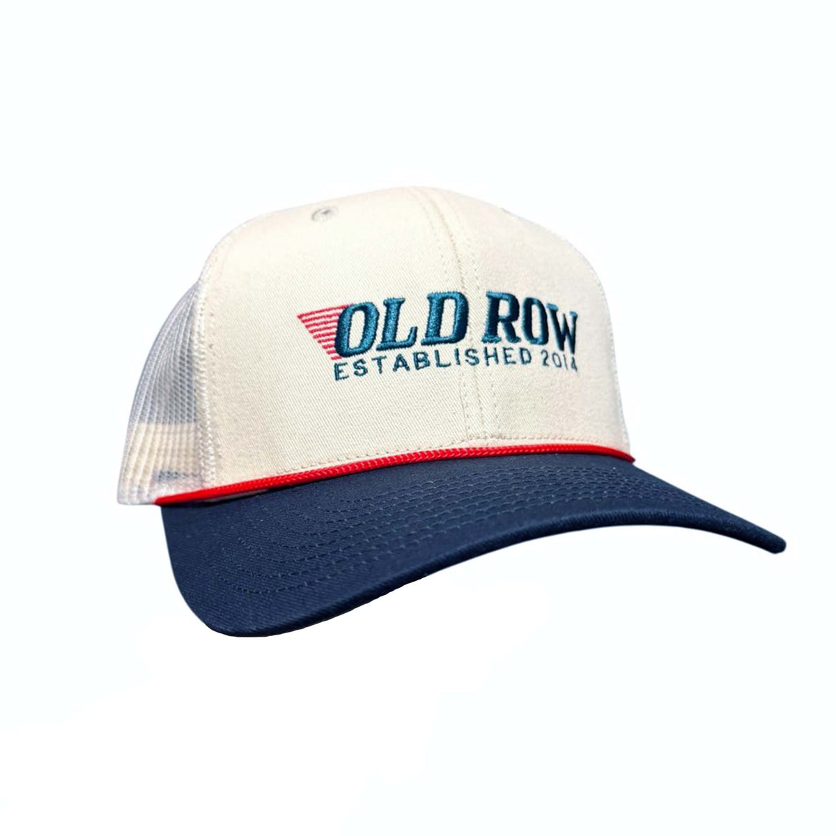 Old Row trucker hat with cream front panel, navy brim, mesh back, and embroidered “Old Row Established 2014” logo.