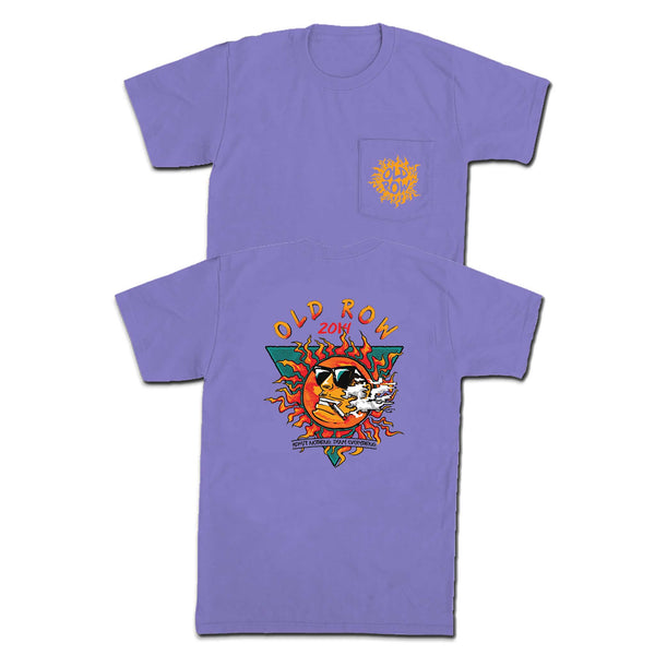 Purple t-shirt with a colorful graphic design on a white background