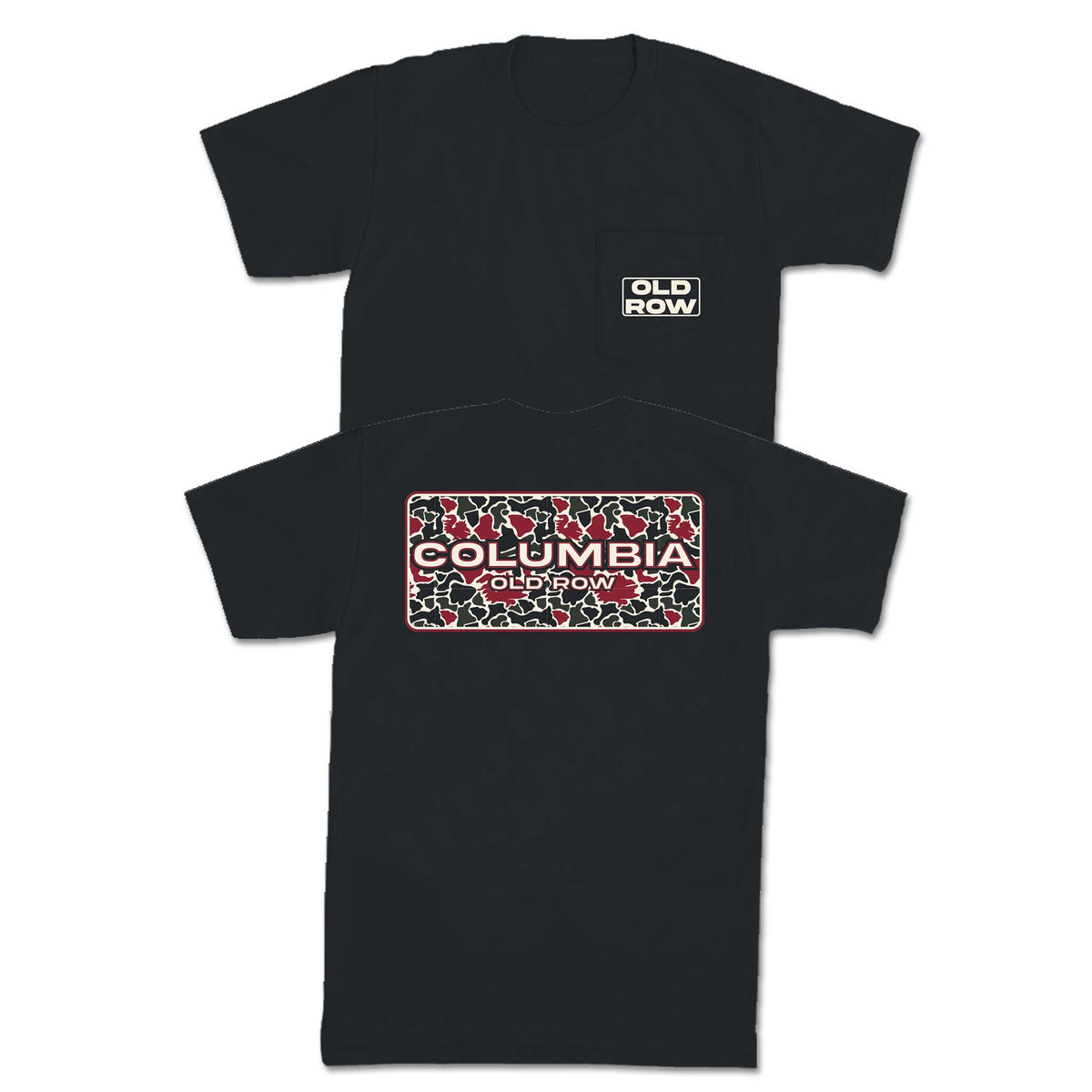 flat lay of black old row short sleeve t-shirt. Front shows a white old row logo on the left chest. Back shows a garnet and black rectangle with columbia and old row printed in the middle.