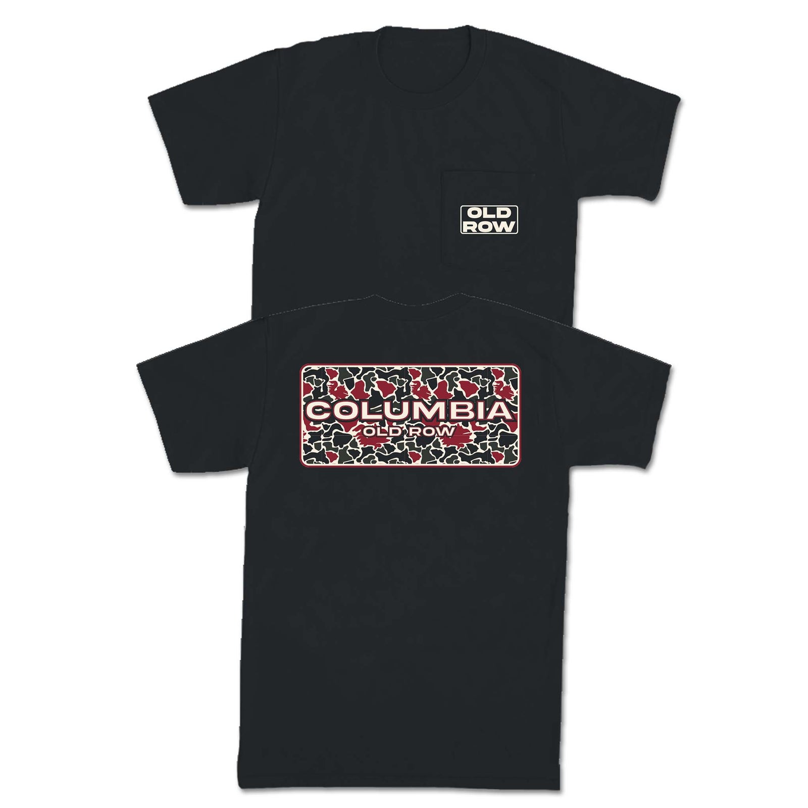 flat lay of black old row short sleeve t-shirt. Front shows a white old row logo on the left chest. Back shows a garnet and black rectangle with columbia and old row printed in the middle.