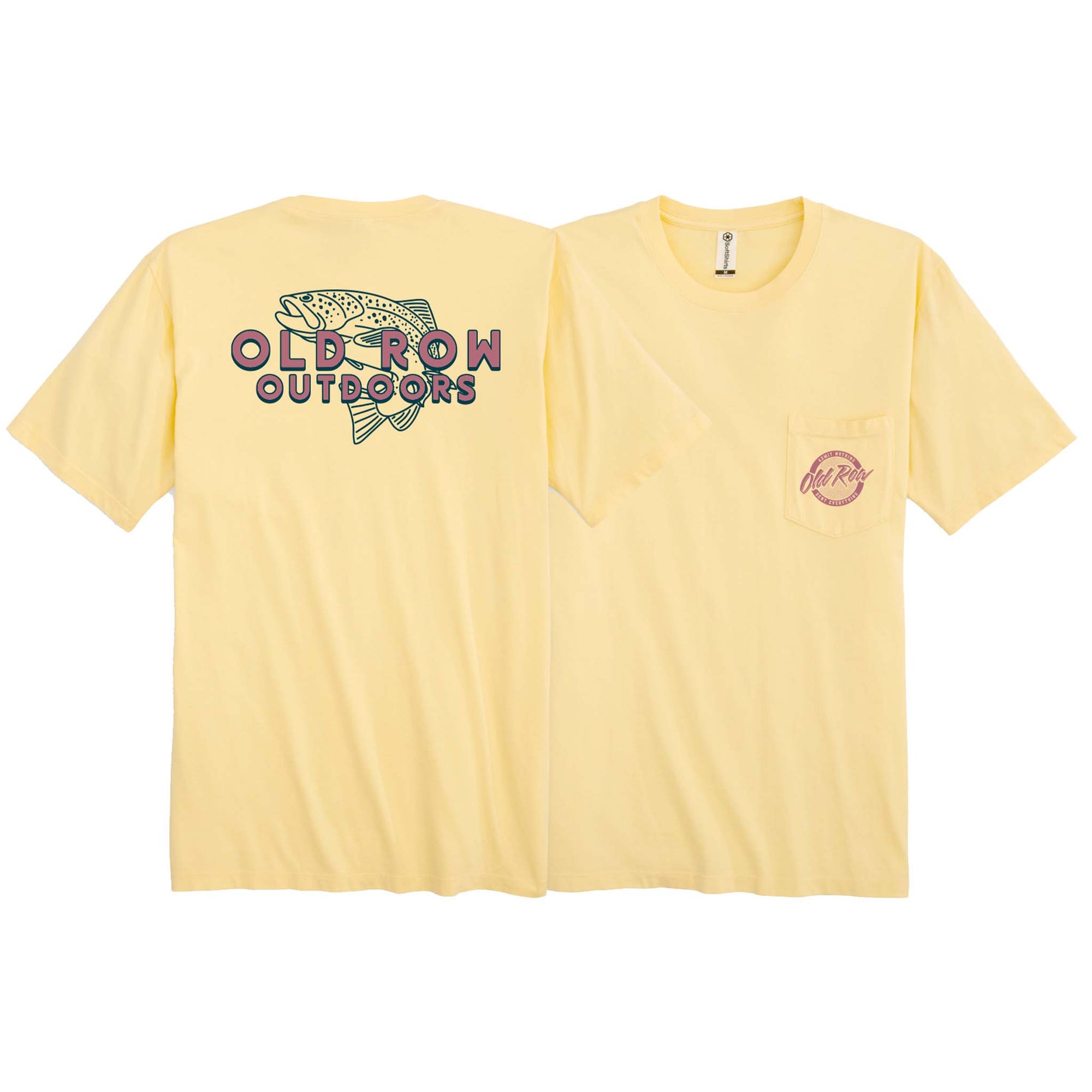 Yellow t-shirt with 'Old Row Outdoors' logo on a white background