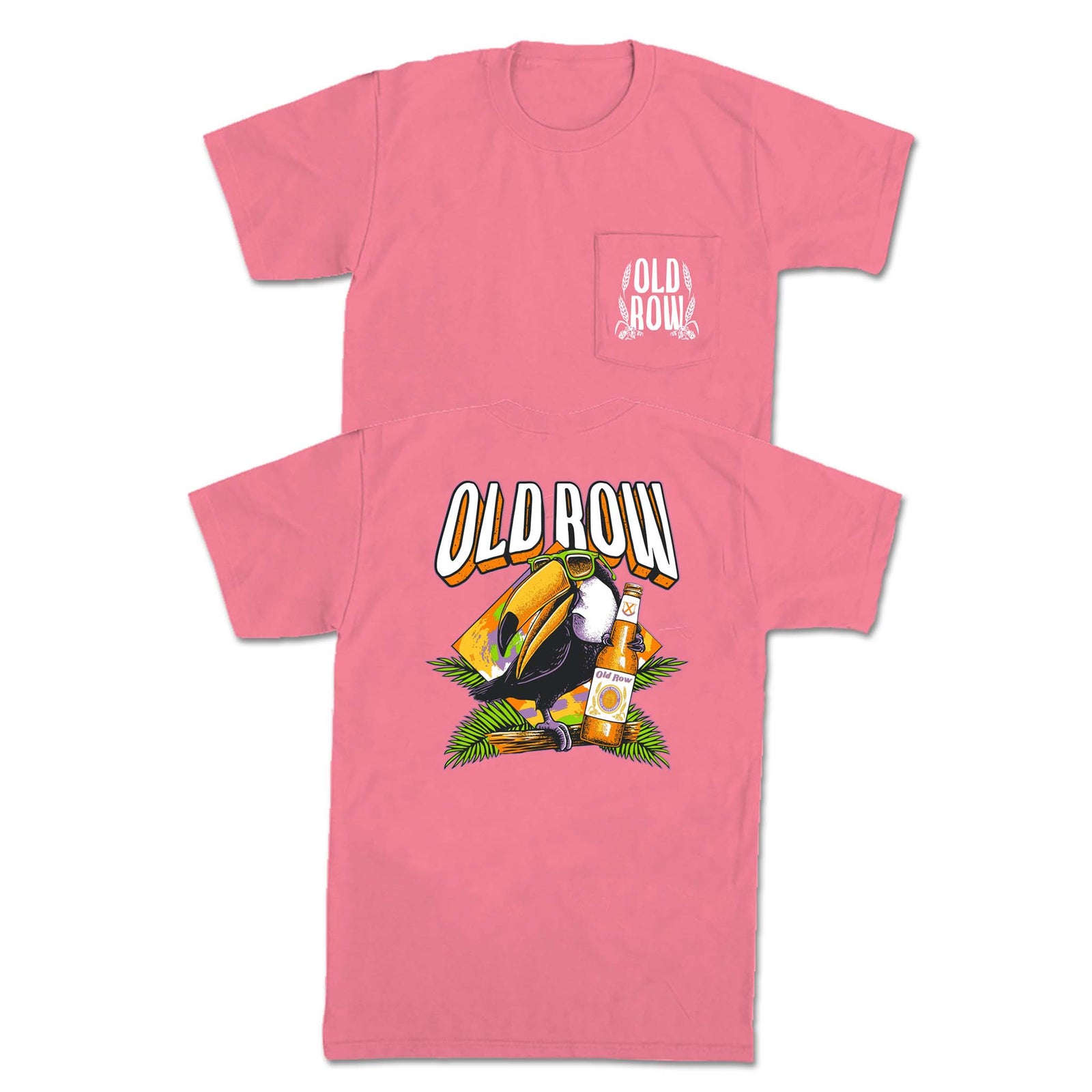 Pink t-shirt with 'Old Row' graphic design featuring a toucan and bottle on a white background
