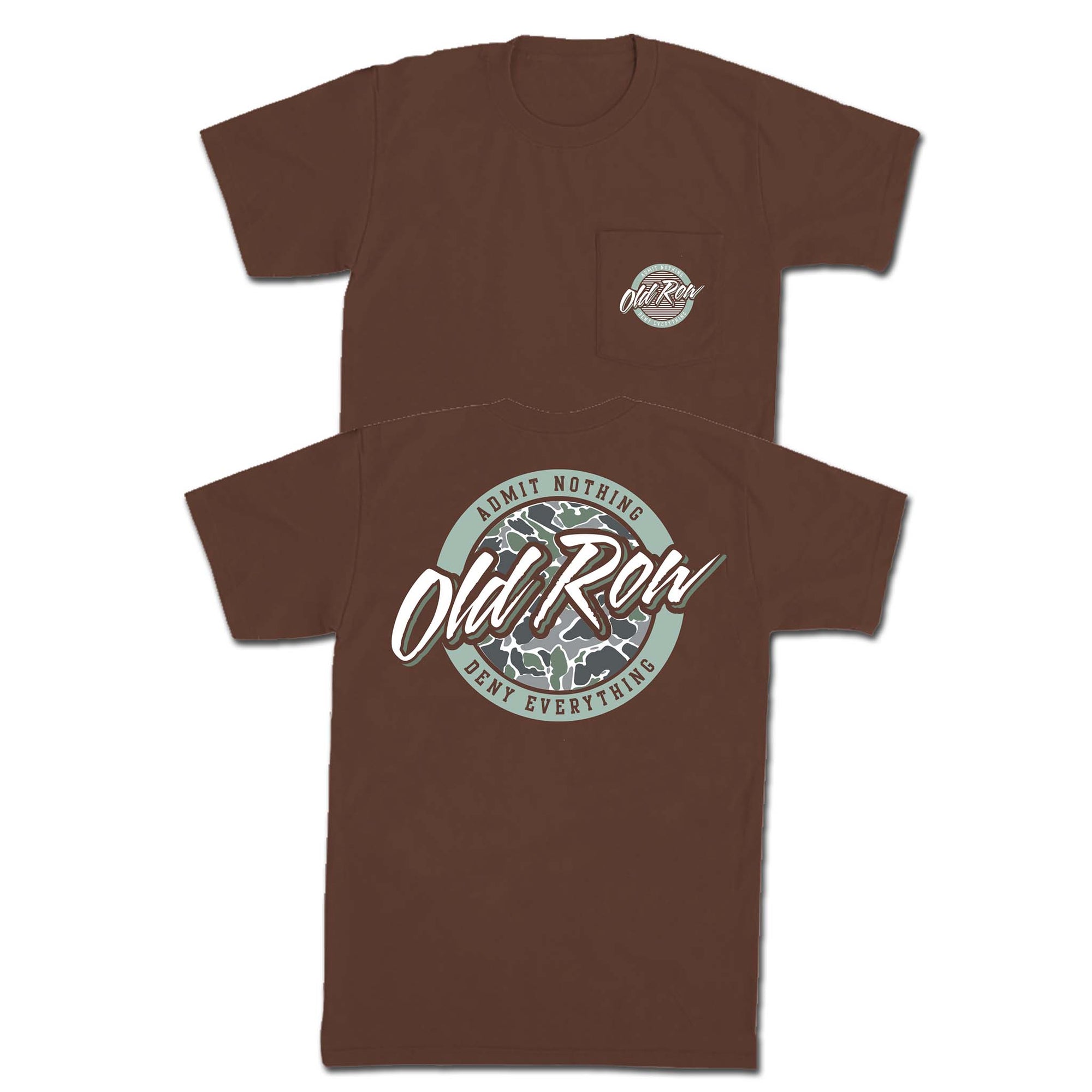 Brown t-shirt with 'Old Row' graphic design on a white background