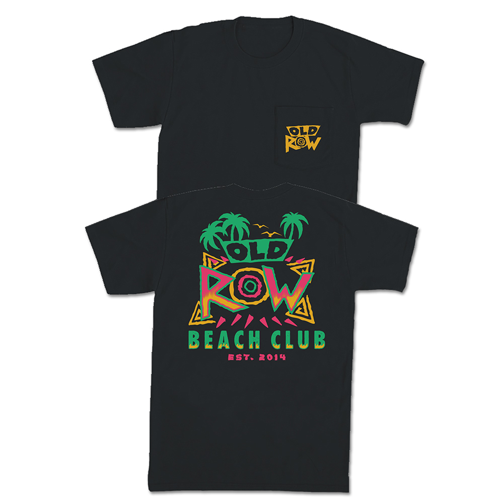 Black t-shirt with colorful 'OLD ROW BEACH CLUB' design on a white background