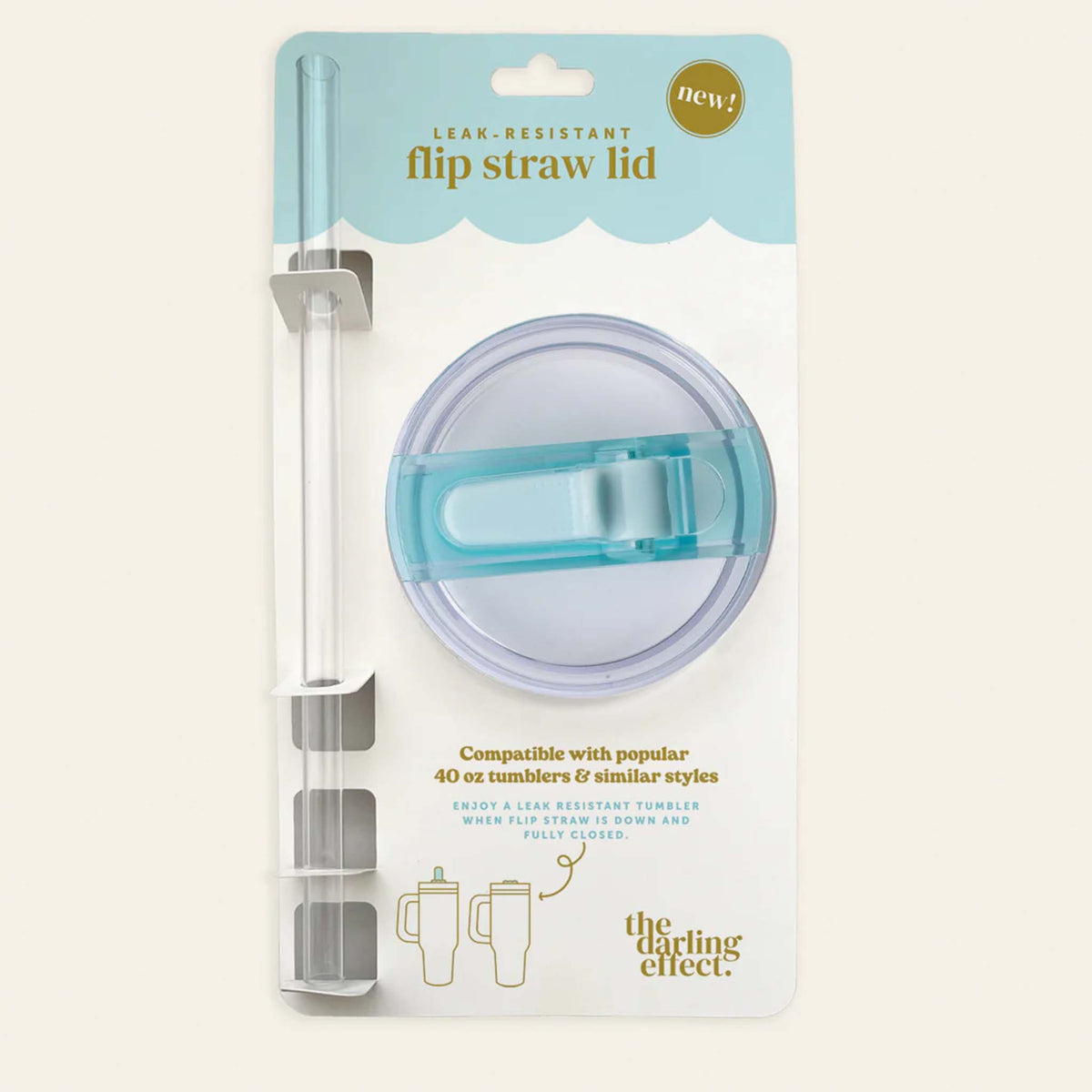 Leak-resistant flip straw lid in packaging with included clear straw; labeled for compatibility with 40 oz tumblers.