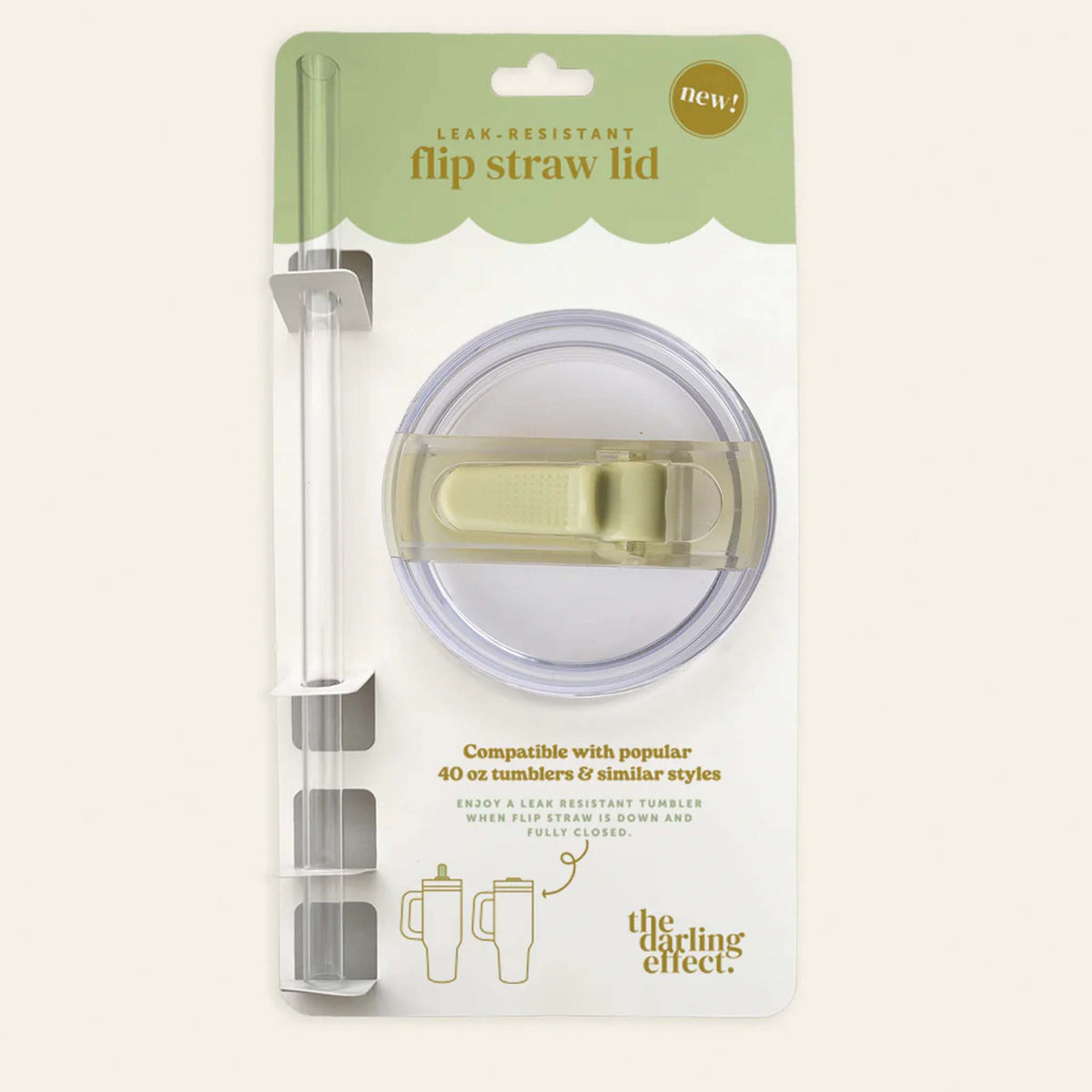 Leak-resistant flip straw lid in sage green shown in retail packaging with included clear straw.