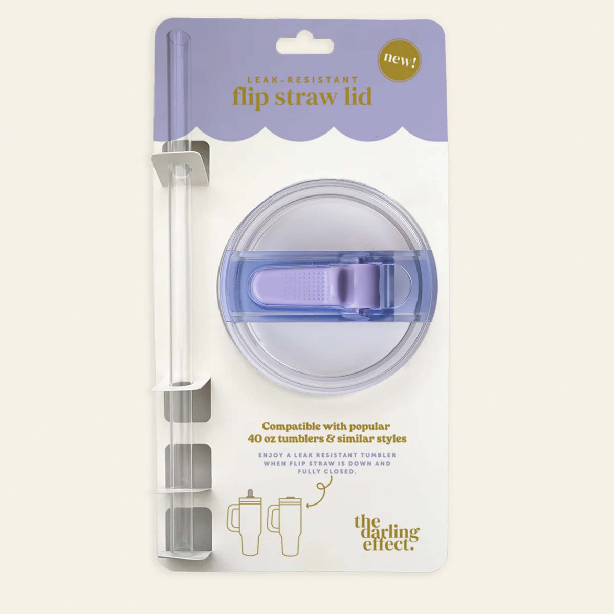 Leak-resistant flip straw lid in periwinkle purple shown in retail packaging with matching straw.
