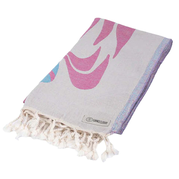 Towel with colorful abstract design and tassels on a white background