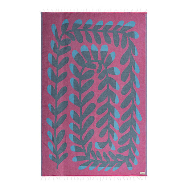 Large Fuchsia and Blue Kelp Swirl Sand Cloud Towel shown on a white background.