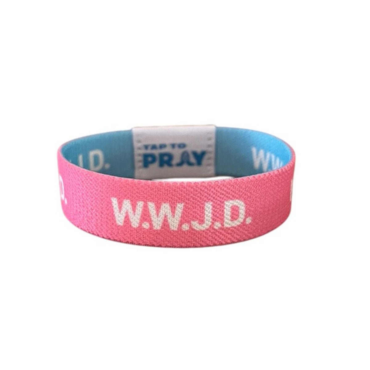 Pink “W.W.J.D.” Tap To Pray reversible wristband with blue interior, displayed upright.