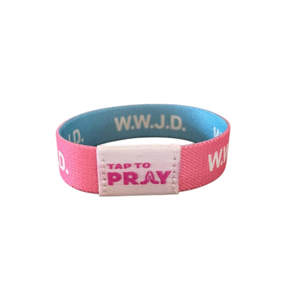 Pink “W.W.J.D.” Tap To Pray reversible wristband showing white patch with pink Tap To Pray logo.
