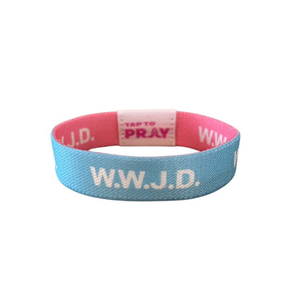 Blue “W.W.J.D.” Tap To Pray reversible wristband with pink interior, displayed upright.