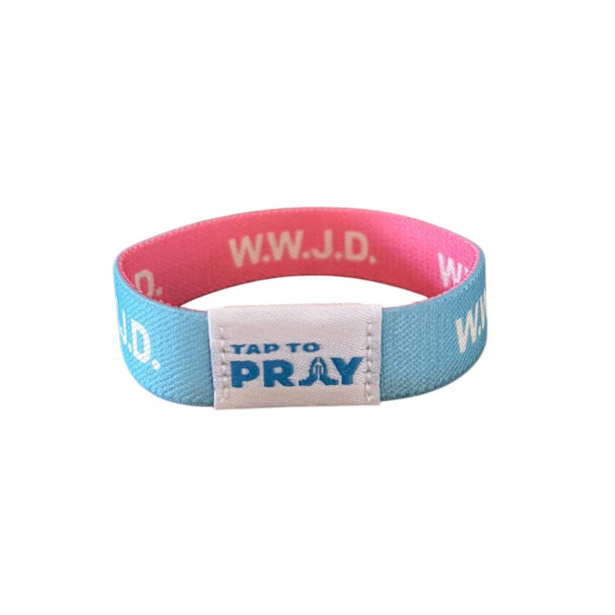 Blue “W.W.J.D.” Tap To Pray reversible wristband showing white patch with blue Tap To Pray logo.