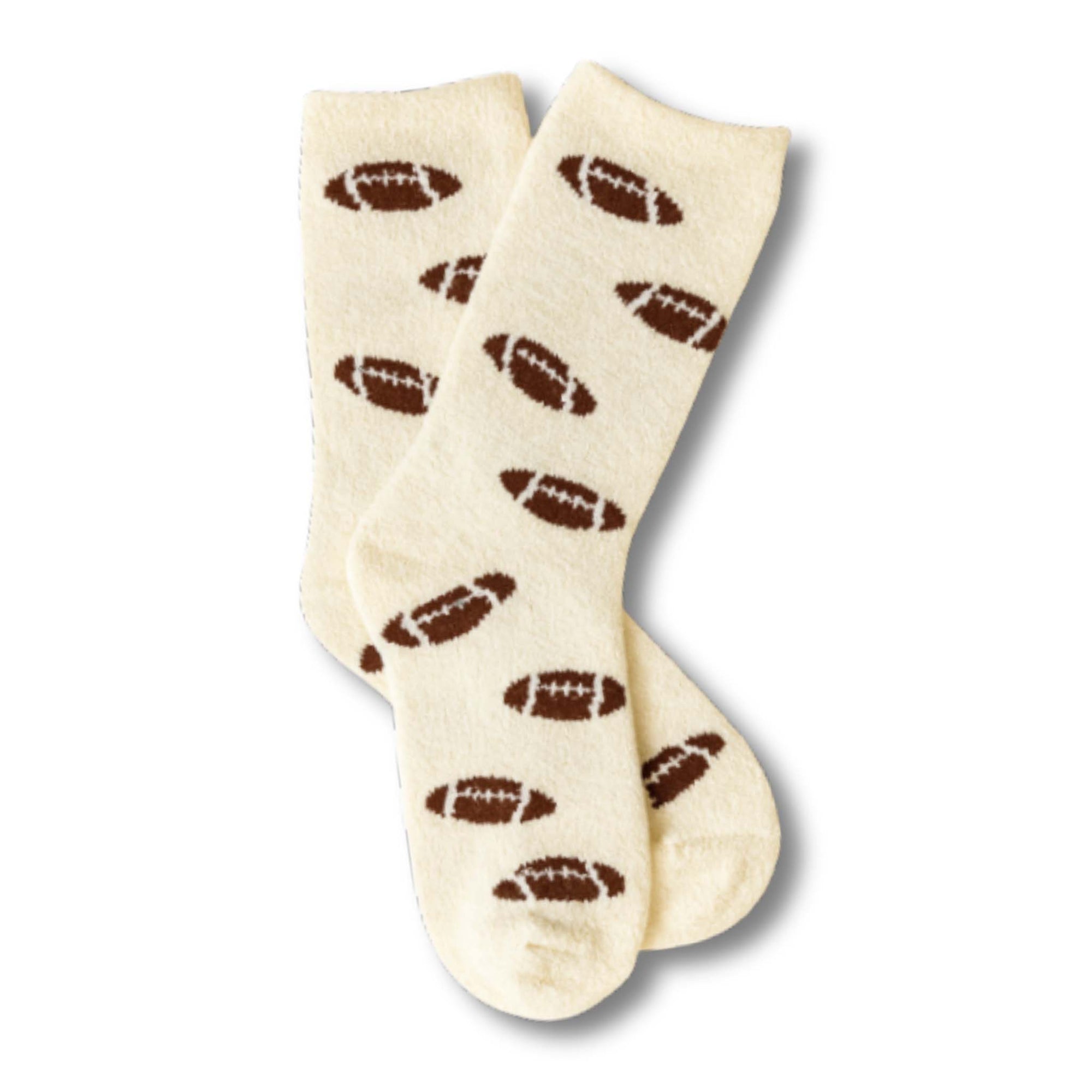 cream fuzzy socks with an all over football pattern by worn west.