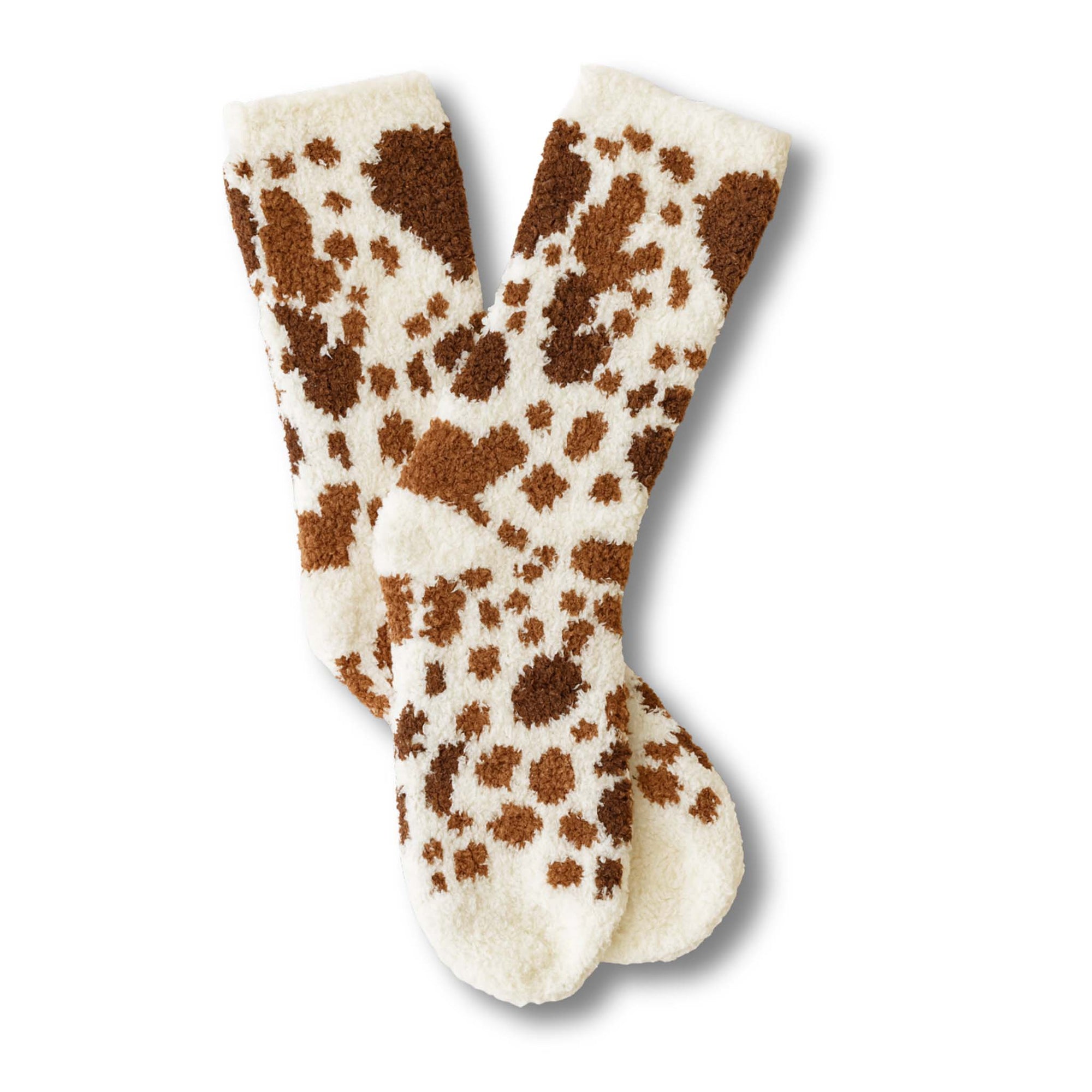 Off white cozy knit socks with all over brown cow print by worn west