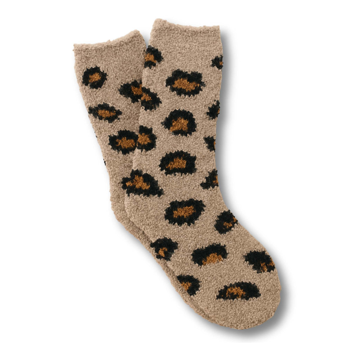 tan fuzzy knit socks with all over leopard print by worn west