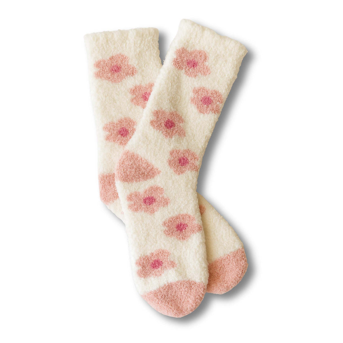 Off white fuzzy knit socks with all over pink flower pattern by Worn West