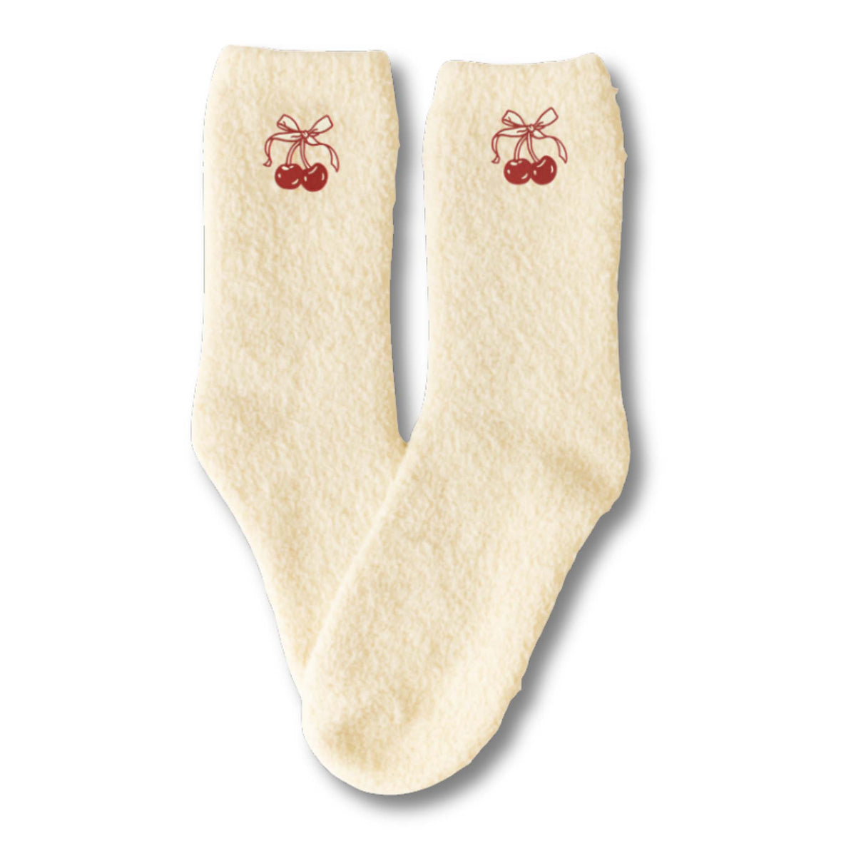 cream colored fuzzy socks with small cherry icons on the hem.  by worn west.