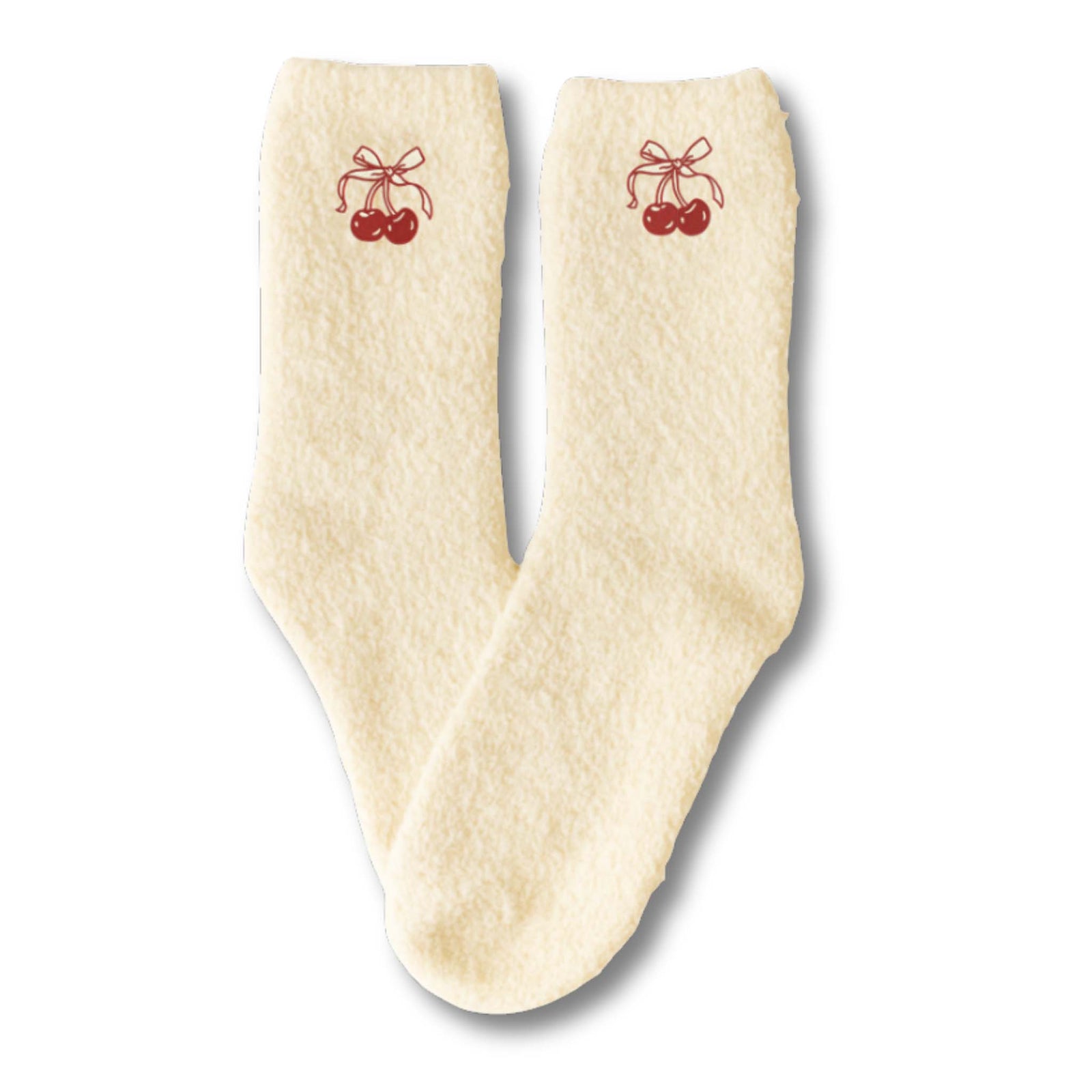 cream colored fuzzy socks with small cherry icons on the hem.  by worn west.