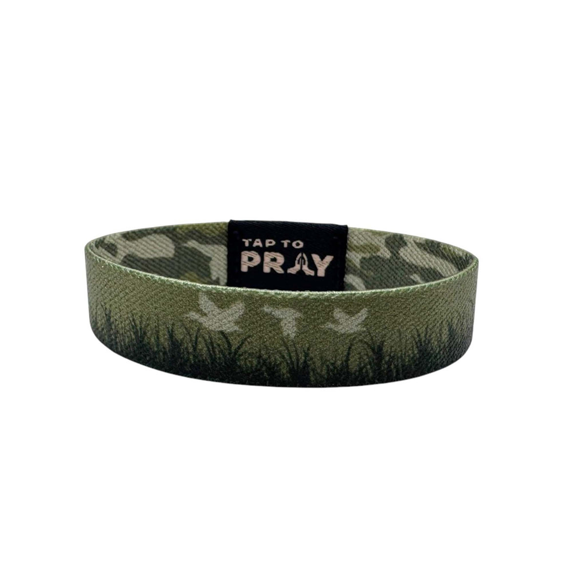 Green wristband with praying hands design and 'Tap to Pray' label on a white background