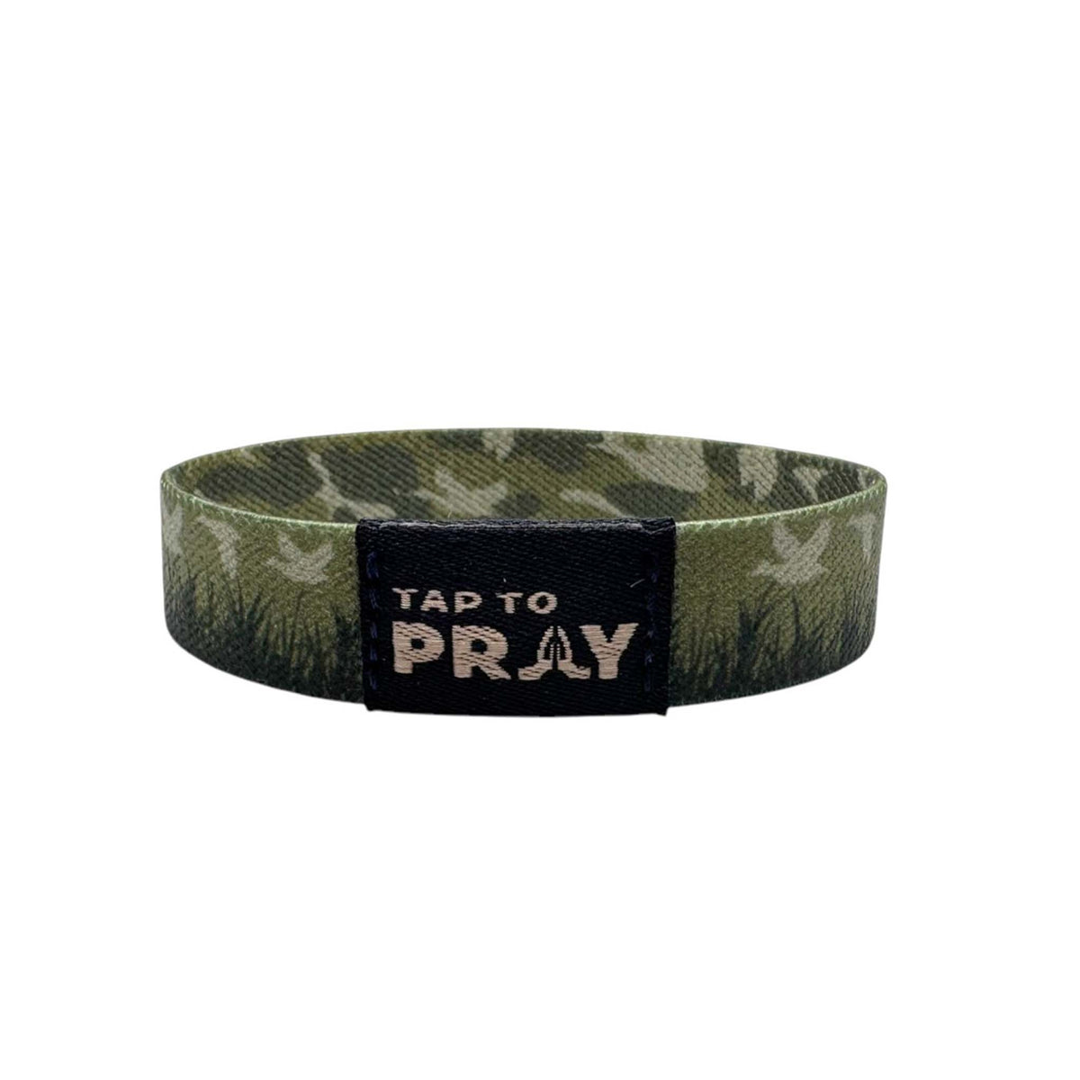 Wristband with 'Tap to Pray' text on a camouflage pattern