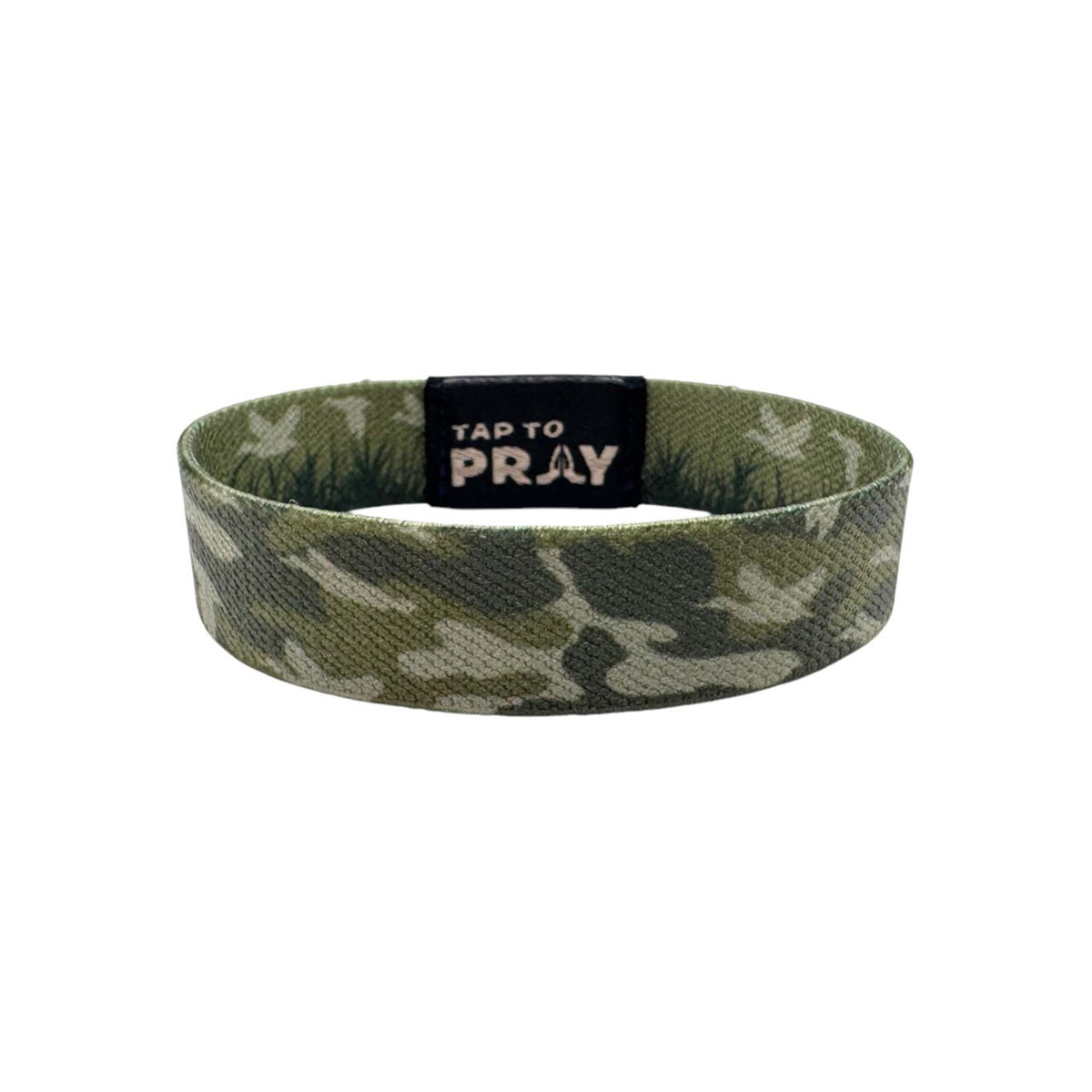 Camouflage-patterned wristband with 'Tap to Pray' label on a white background