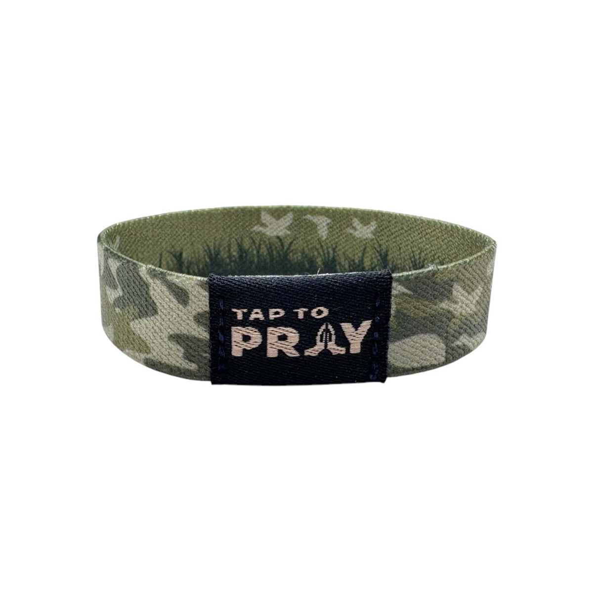 Camouflage-patterned wristband with 'Tap to Pray' text on a white background