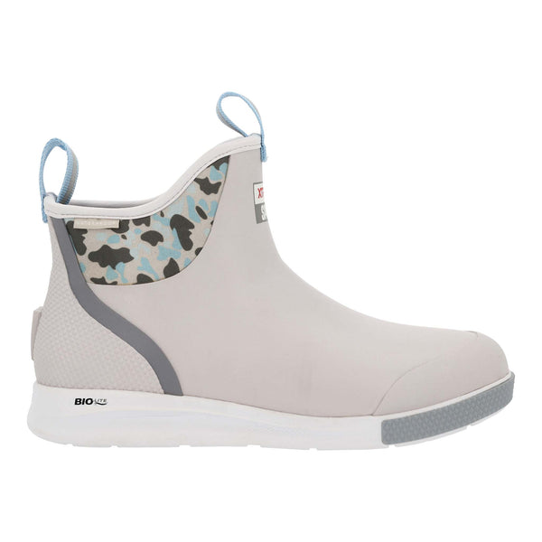Side view of XTRATUF Men's 6-Inch Ankle Deck Boot Sport in Gray, showing the streamlined profile, pull tab at the ankle, and contrasting white sole.