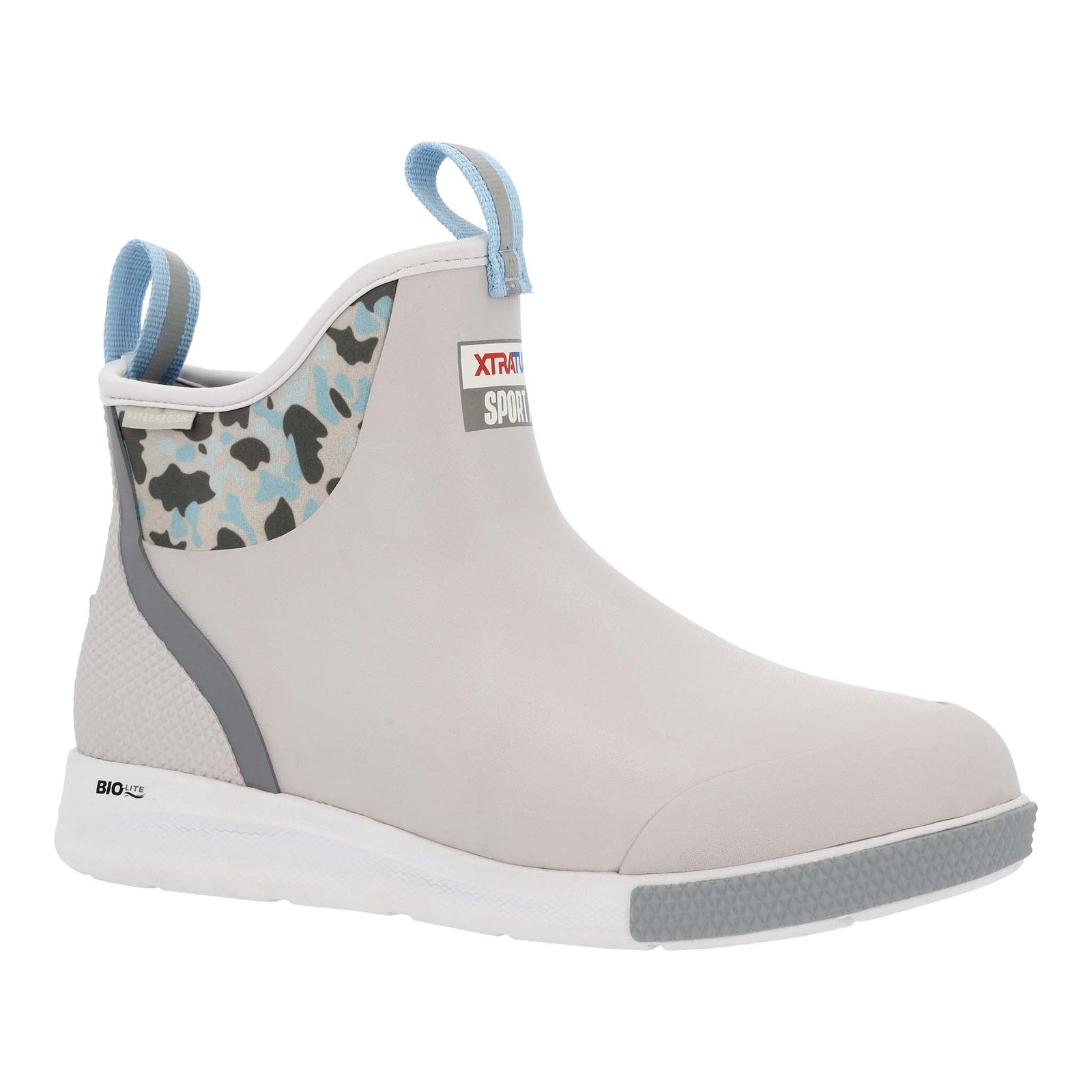 Angled view of XTRATUF Men's 6-Inch Ankle Deck Boot Sport in Gray, emphasizing the modern silhouette, flexible upper, and performance-driven sole.