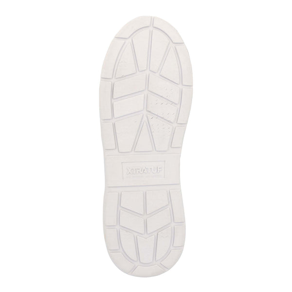 Bottom view of XTRATUF Men's 6-Inch Ankle Deck Boot Sport in Gray, showing the high-traction, slip-resistant outsole with wave-siping tread pattern.
