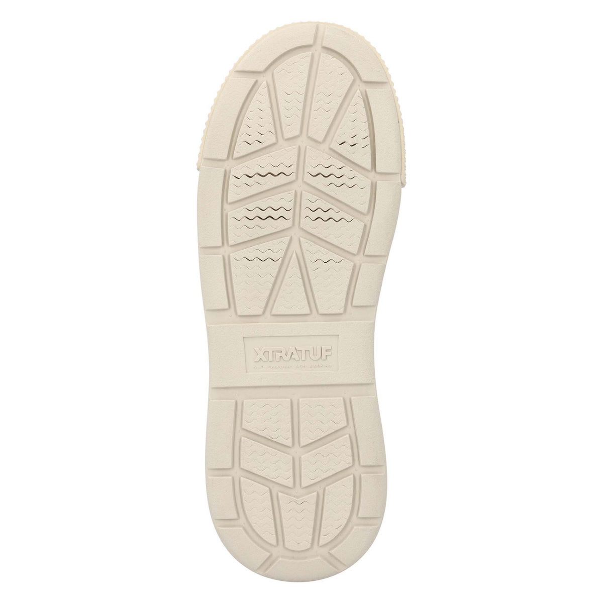 Women's Xtratuf ankle deck boot in cork bottom sole view.