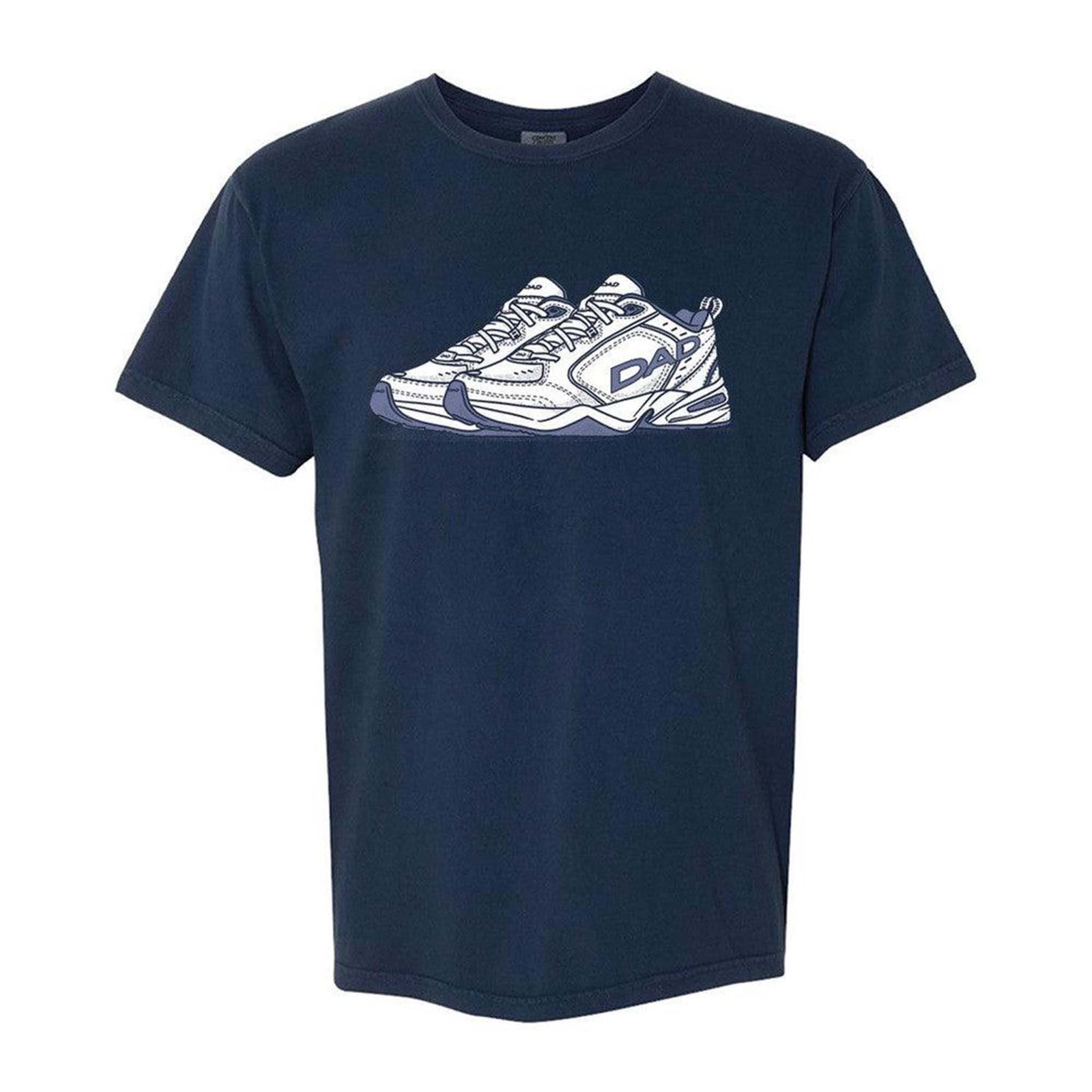 Barstool Sports Dad Sneakers Short Sleeve Pocket T-Shirt, color Navy, sizes S-XXL, 100% cotton.
A navy t-shirt with a large white and navy graphic of classic dad-style sneakers centered on the chest. The shoes are drawn in a detailed line-art style.