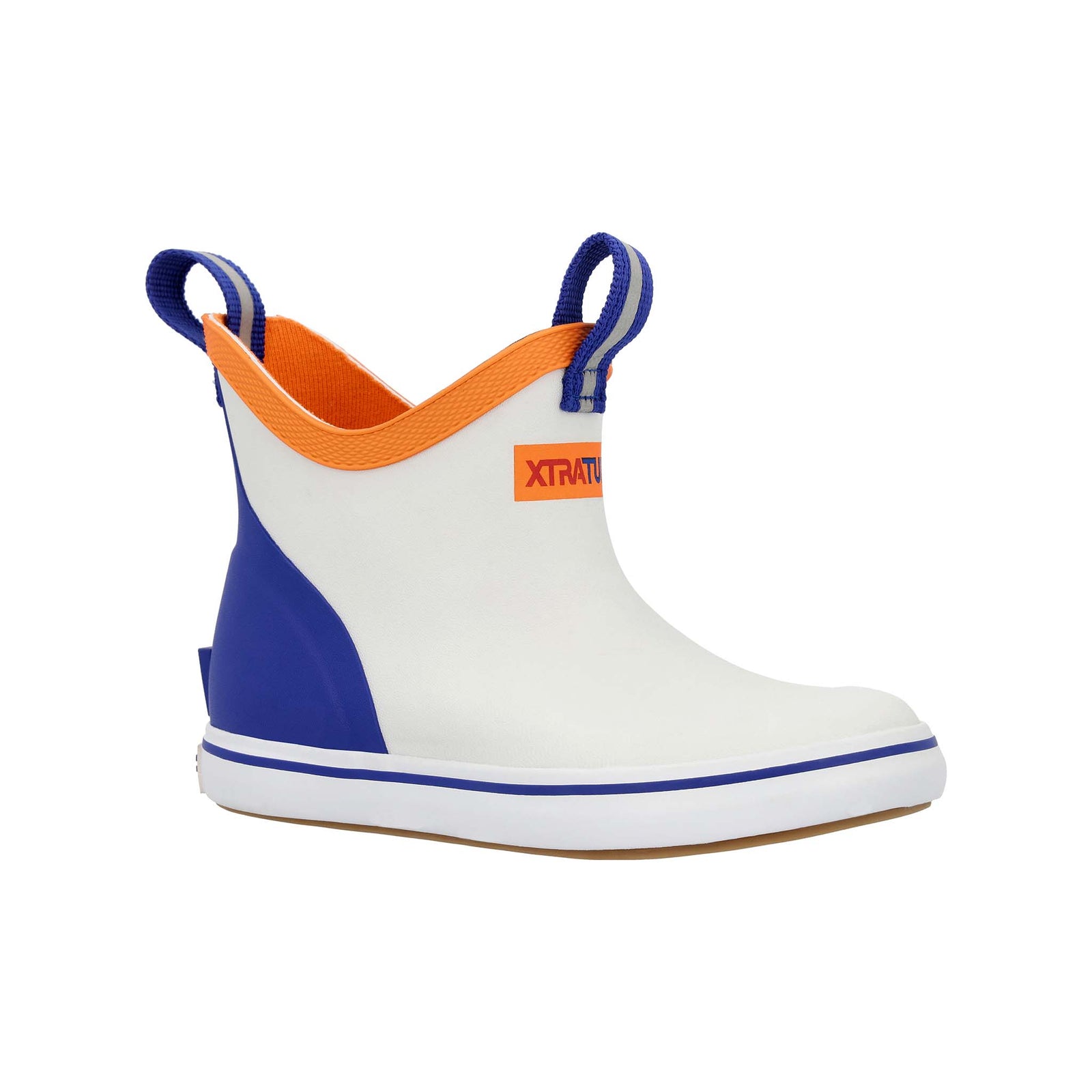 Angled view of XTRATUF Youth Blue Ankle Deck Boot in White, capturing the contrast between the white upper and bright blue collar with a sporty silhouette.