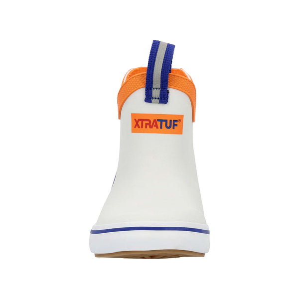 Front view of XTRATUF Youth Blue Ankle Deck Boot in White, showing the rounded toe, bright blue ankle collar, and smooth white rubber upper.