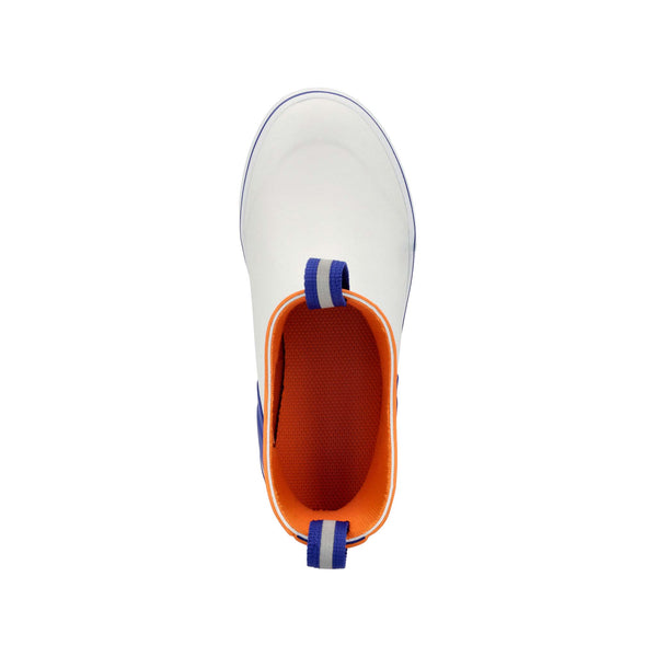 Top-down view of XTRATUF Youth Blue Ankle Deck Boot in White, showing the open ankle collar, soft interior lining, and roomy foot opening.