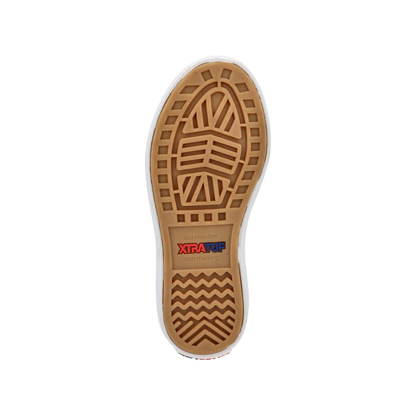 Bottom view of XTRATUF Youth Blue Ankle Deck Boot in White, displaying the slip-resistant outsole with chevron-patterned tread for enhanced traction.