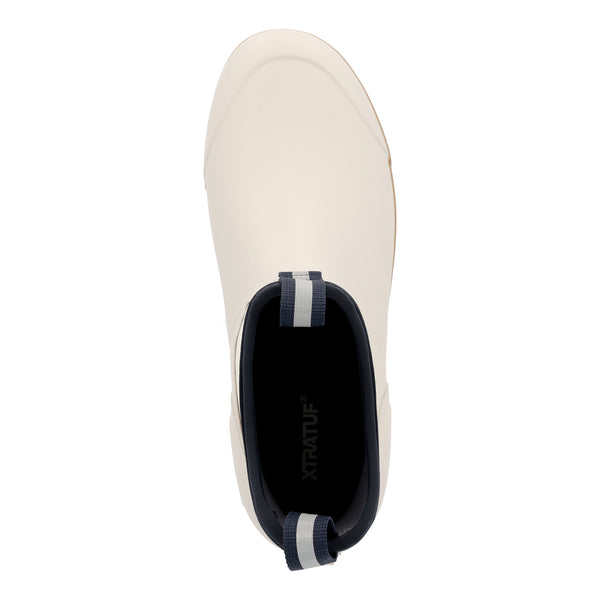 Top-down view of the boot revealing the rounded opening, cushioned insole, and easy pull-on design with front and back tabs.