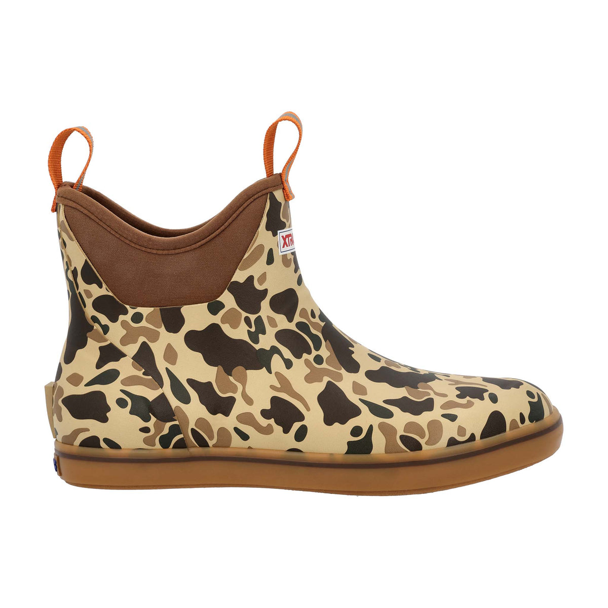 Camouflage-patterned boot with brown accents on a white background