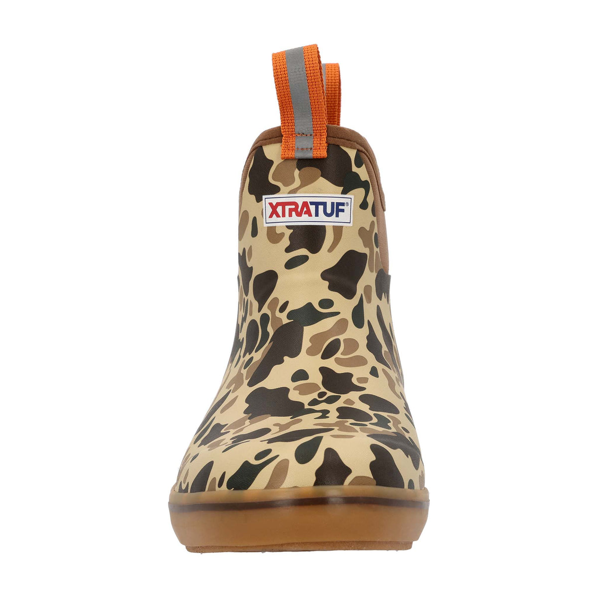 Camouflage-patterned boot with orange pull strap and Xtratuf logo on a white background