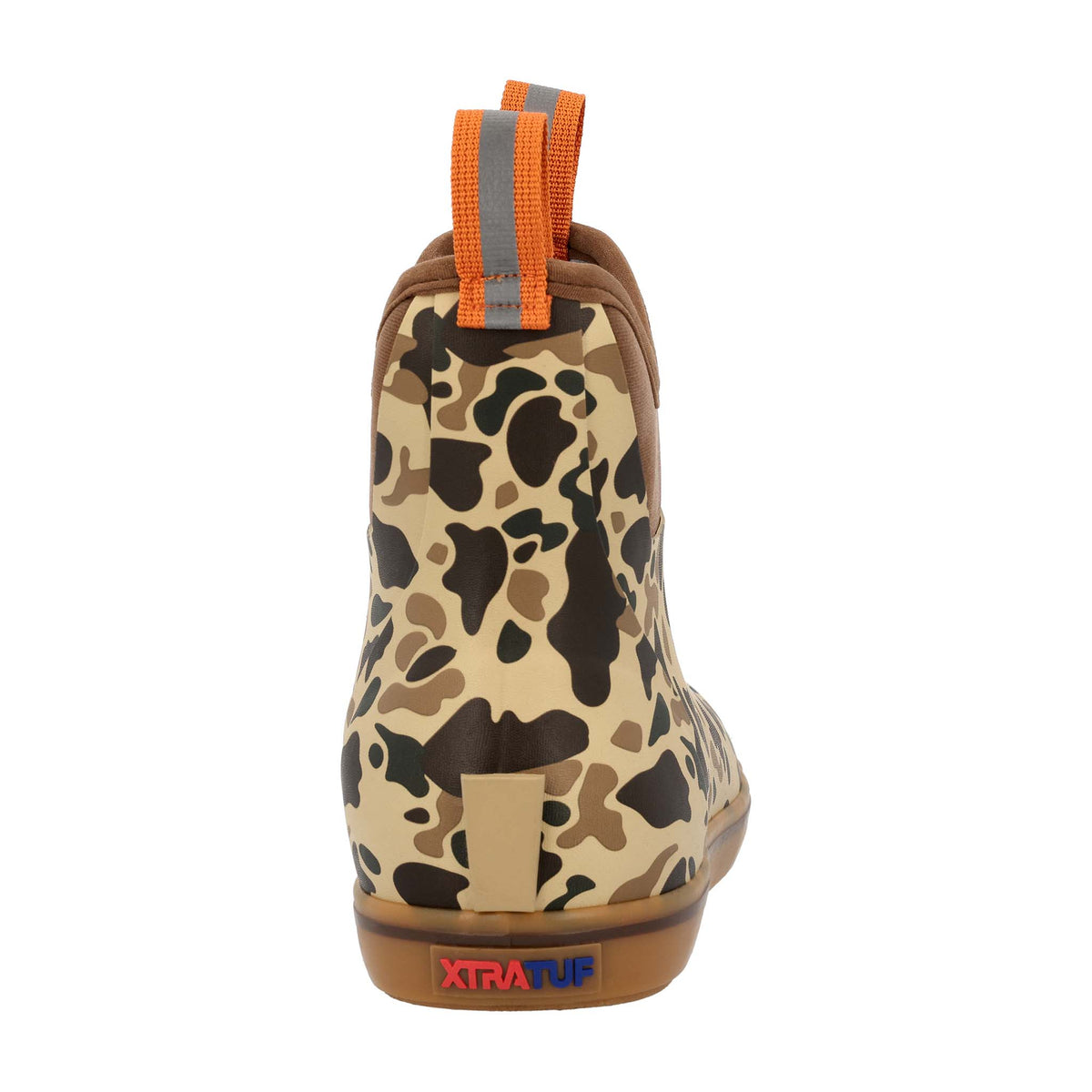 Camouflage-patterned boot with orange pull tab on a white background