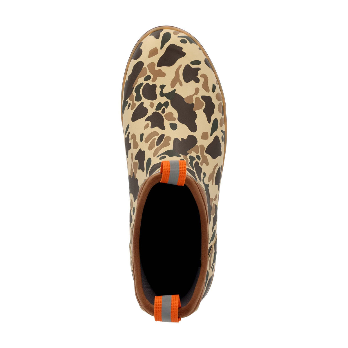 Leopard print boot with orange and gray accents on a white background