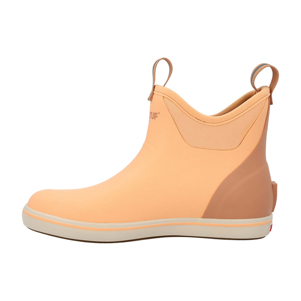 Peach slip-on boot with brown accents on a white background